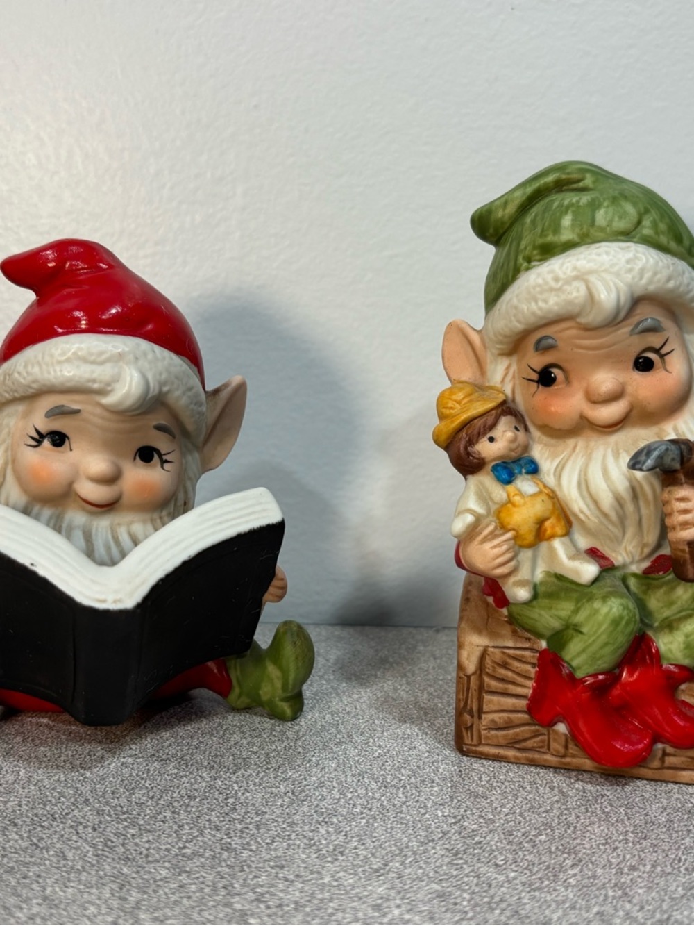 Homco Festive Elf Pair Figurines - Red, Green & White